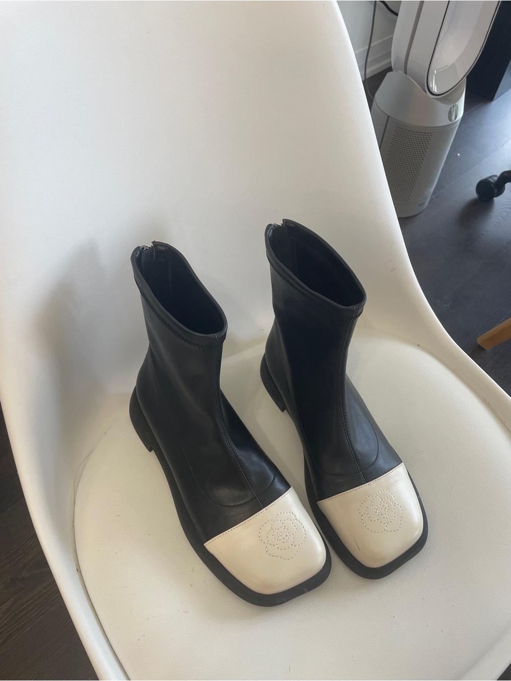 Black Leather Ankle Boots with Cream Toe Caps